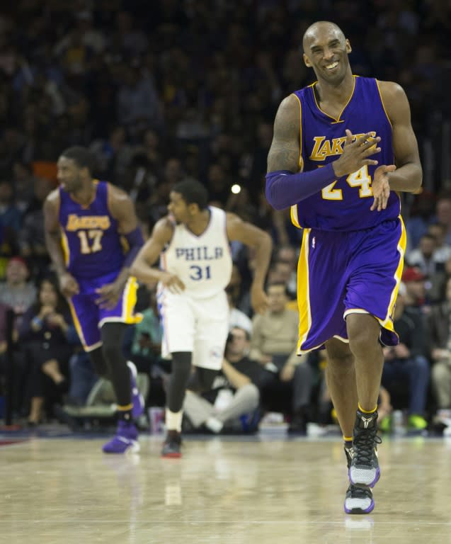 Kobe Bryant of the Los Angeles Lakers reacts after a missed shot in the game against the Philadelphia 76ers, at the Wells Fargo Center in Philadelphia, Pennsylvania, on December 1, 2015