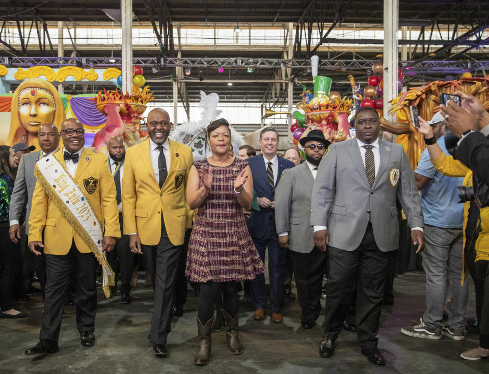 New Orleans Mayor Latoya Cantrell makes her entrance during the King's Day celebration while kicking-off the official start of 2023 Carnival Season in New Orleans, Friday, Jan. 6, 2023. (David Grunfeld/The Times-Picayune/The New Orleans Advocate via AP)