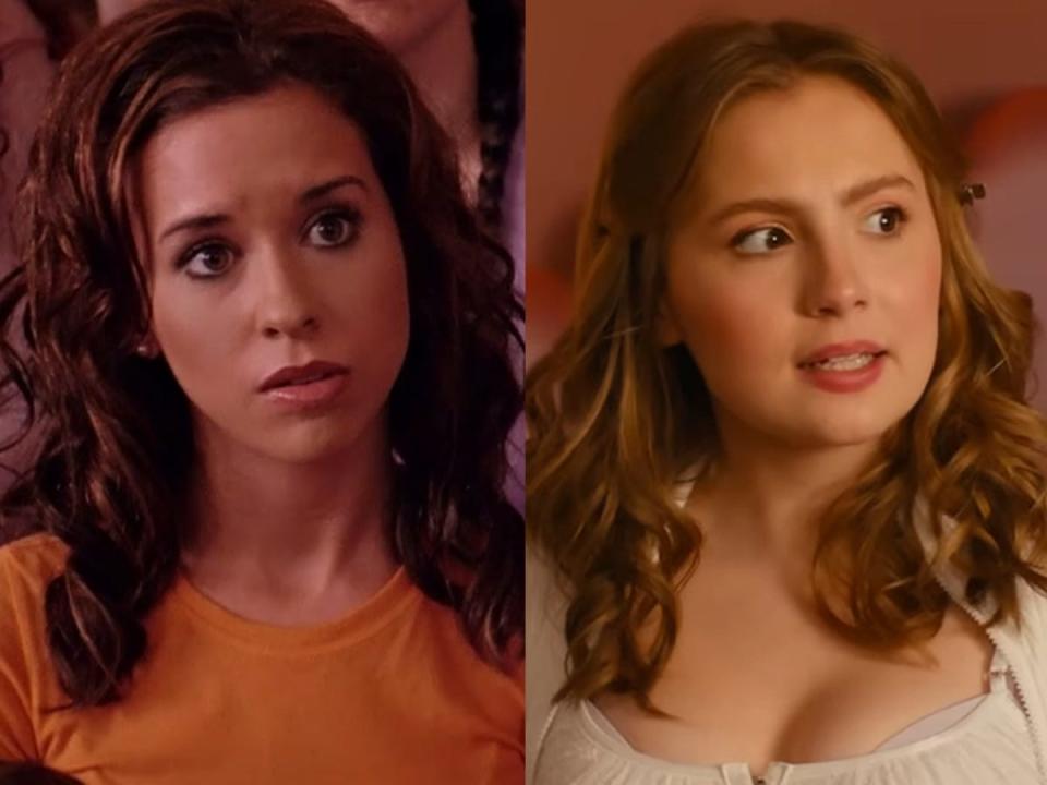 Left: Lacey Chabert as Gretchen Wieners in the 2004 version of "Mean Girls." Right: Bebe Wood as Gretchen Wieners in the 2024 version of "Mean Girls."