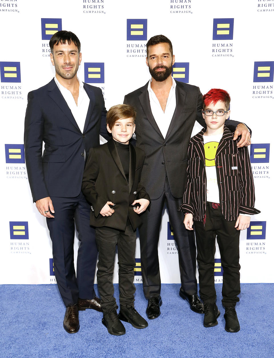 WASHINGTON, DC - SEPTEMBER 28:   Jwan Yosef, Ricky Martin, Matteo Martin and Valentino Martin attend the 23rd Annual Human Rights Campaign National Dinner at the Washington Convention Center on September 28, 2019 in Washington, DC. (Photo by Paul Morigi/Getty Images)