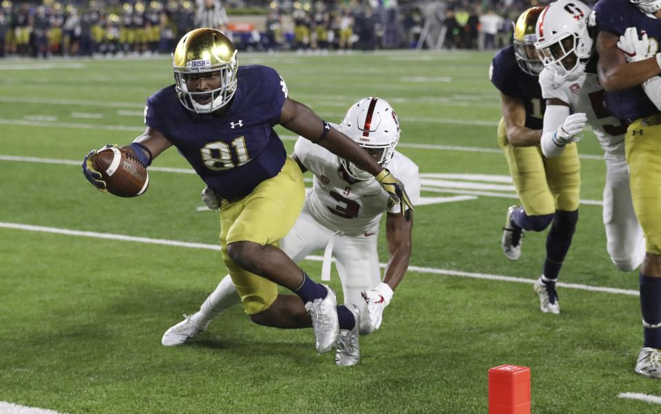 Notre Dame wide receiver Miles Boykin (81) beats Stanford safety Malik Antoine (3) for a touchdown during the second half of an NCAA college football game Saturday, Sept. 29, 2018, in South Bend, Ind. (AP Photo/Carlos Osorio)