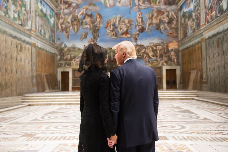 President Donald Trump and first lady Melania Trump tour the Sistine Chapel following their meeting with Pope Francis on May 24 in Vatican City. On August 9, 1483, the Sistine Chapel opened. File Photo by Andrea Hanks/UPI