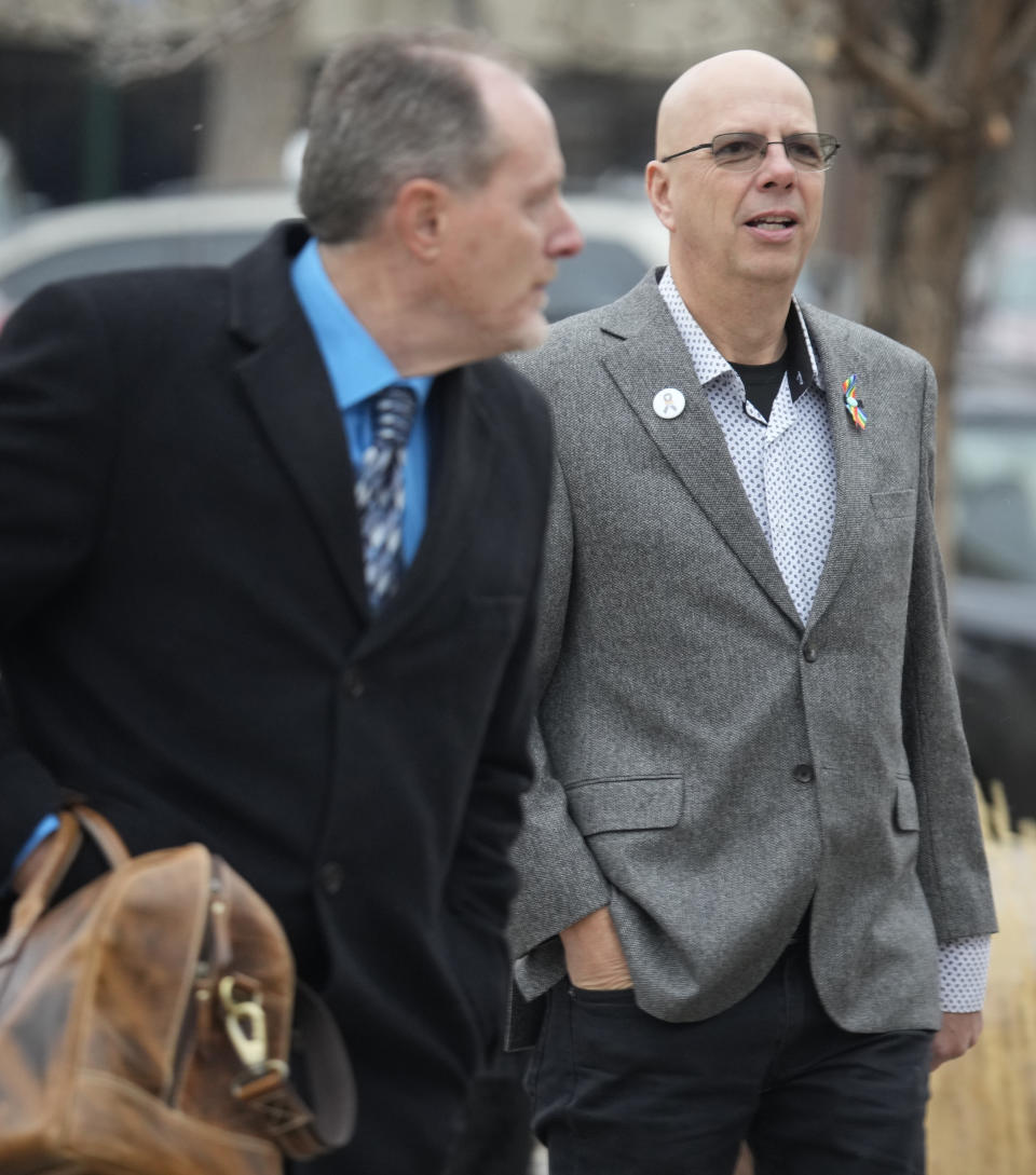 Matthew Haynes,c0-owner of Club Q, walks into the El Paso County courthouse for a preliminary hearing for the alleged shooter in the Club Q mass shooting Wednesday, Feb. 22, 2023, in Colorado Springs, Colo. (AP Photo/David Zalubowski)