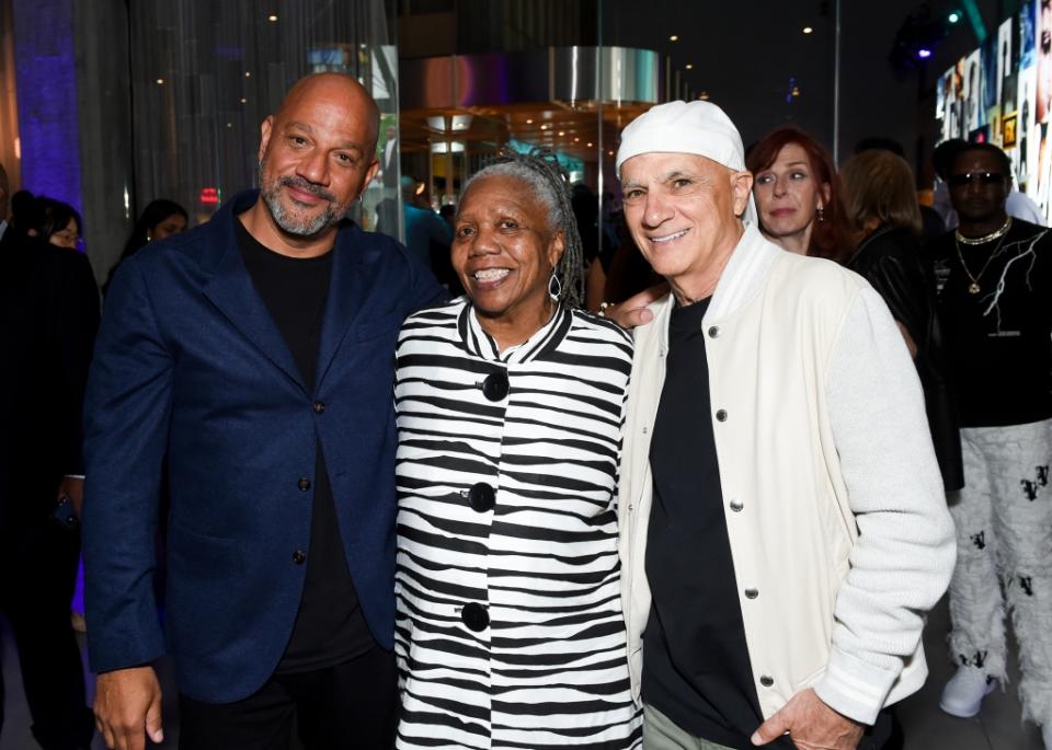 Allen Hughes, Glo Cox and Jimmy Iovine at the premiere of "Dear Mama" on April 18, 2023 in Los Angeles, California.