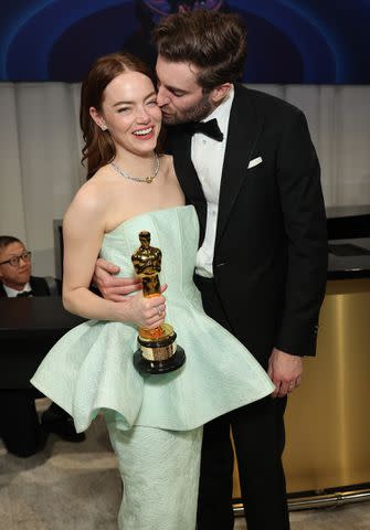 <p>Mike Coppola/Getty Images</p> Dave McCary and Emma Stone