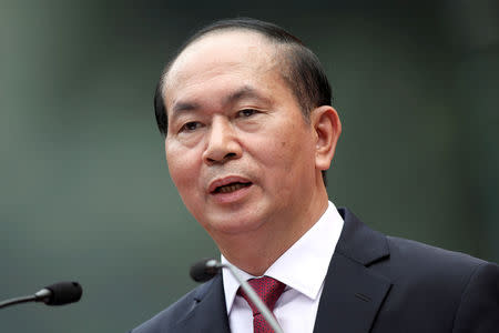 FILE PHOTO: Vietnamese President Tran Dai Quang speaks during a press conference at the Presidential Palace in Hanoi , Vietnam, 12 November 2017. REUTERS/Luong Thai Linh/Pool/File Photo