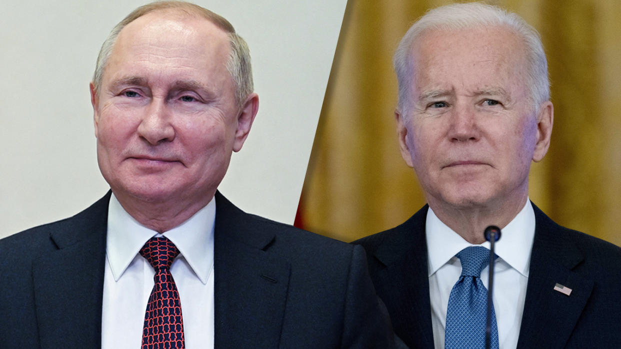 Russian President Vladimir Putin and U.S. President Joe Biden. (Photo illustration: Yahoo News; photos: Alexey Nikolsky/ Sputnik/AFP via Getty Images, Andrew Harnik/AP)