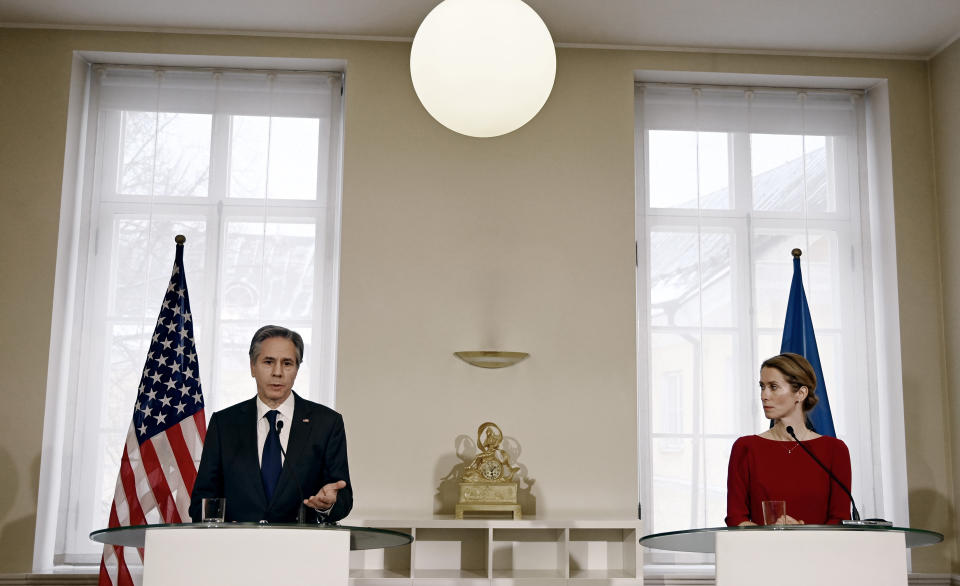 U.S. Secretary of State Antony Blinken, left, and Estonian Prime Minister Kaja Kallas give a press conference on the occasion of their meeting, in Tallinn, Estonia, on Tuesday, March 8, 2022. Blinken was meeting with senior Estonian officials in Tallinn on Tuesday, a day after hearing appeals from both Lithuania and Latvia for more support and greater U.S. and NATO troop presence to deter a feared Russian intervention. (Olivier Douliery/Pool Photo via AP)