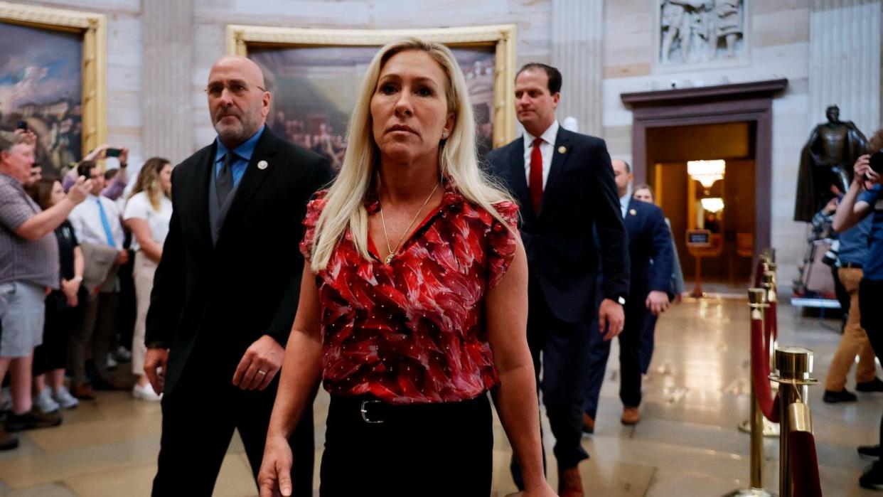 PHOTO: House Homeland Security Committee member Rep. Marjorie Taylor Greene and her fellow Republican impeachment managers walk back through the Capitol Rotunda, April 16, 2024. (Chip Somodevilla/Getty Images)