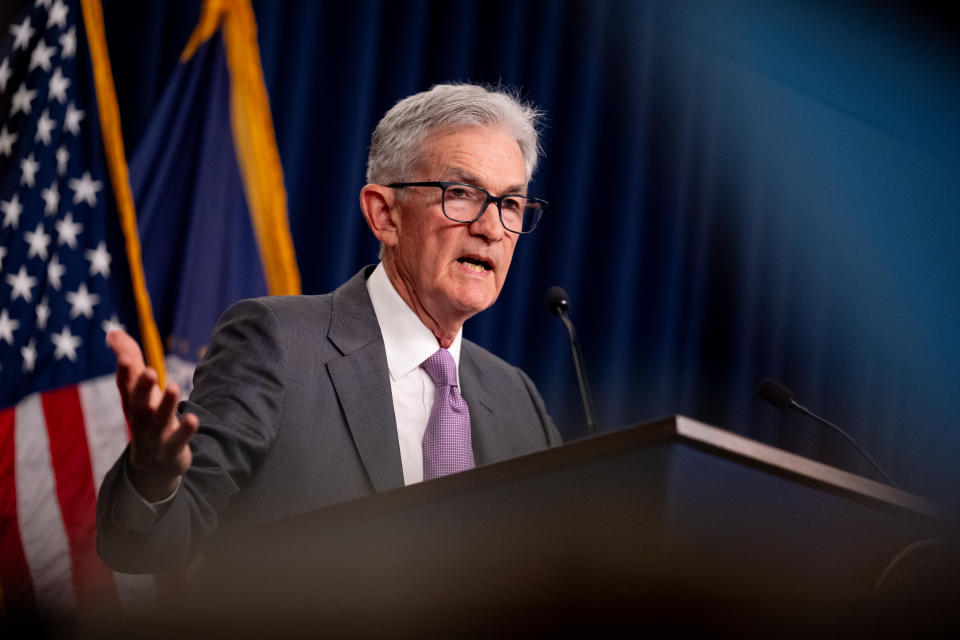 WASHINGTON, DC - JULY 31: Federal Reserve Chairman Jerome Powell speaks at a news conference following a Federal Open Market Committee meeting at the William McChesney Martin Jr. Federal Reserve Board Building on July 31, 2024 in Washington, DC. Powell spoke to members of the media after the Federal Reserve held short-term interest rates where they are with broad expectations that the rate with drop in September. (Photo by Andrew Harnik/Getty Images)