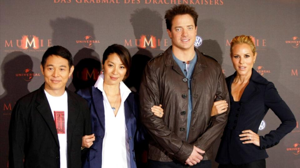 楊紫瓊（左二）2008年7月23日和李連杰（左起），布蘭登費雪，瑪麗亞貝羅出席合演《神鬼傳奇3》的柏林首映（圖片來源：美聯社）