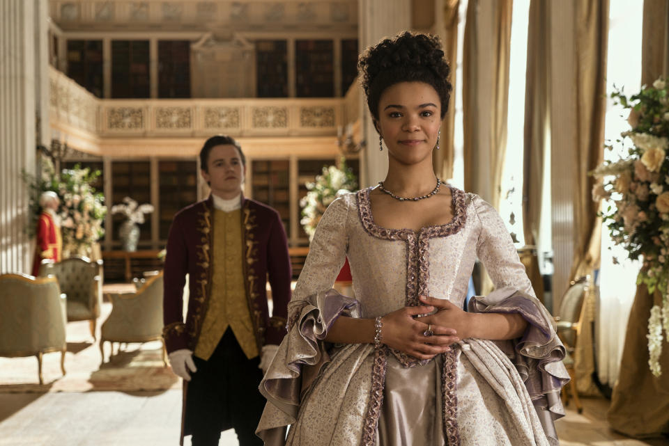 (L to R) Sam Clemmett as Young Brimsley, India Amarteifio as Young Queen Charlotte in episode 102 of Queen Charlotte: A Bridgerton (Liam Daniel/Netflix)