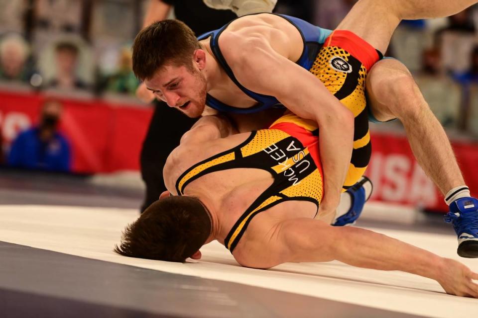 Former Penn State wrestler Nick Lee seen here in an April 2021 photo was one of two wrestlers with ties to the Nittany Lions to named the No. 1 preseed for their weight class on Monday by USA Wrestling.