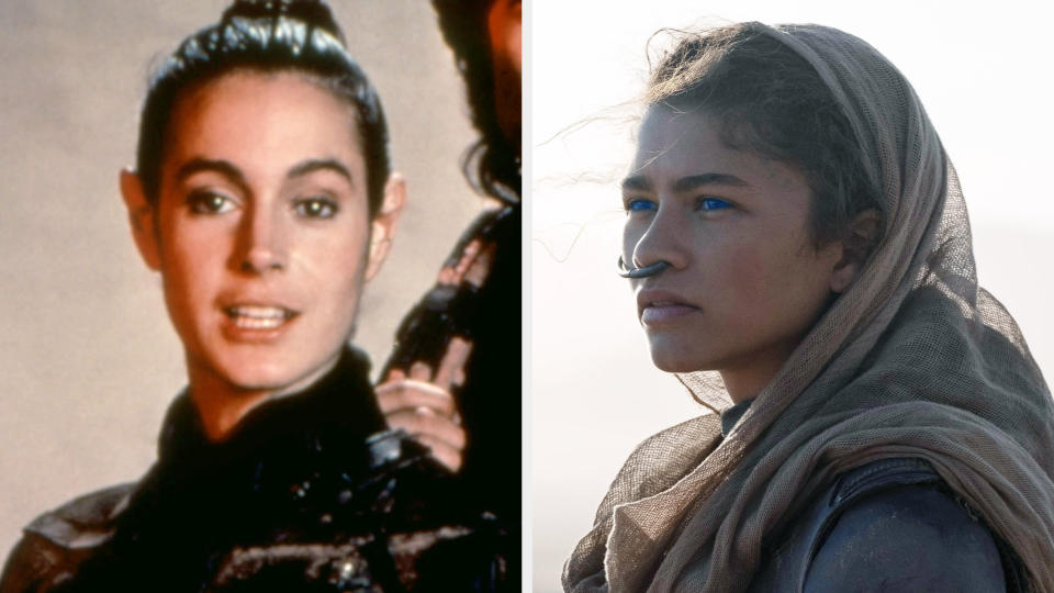 Sean Young as Chani in a black "stillsuit" and Zendaya as Chani in a headscarf and with glowing, blue eyes