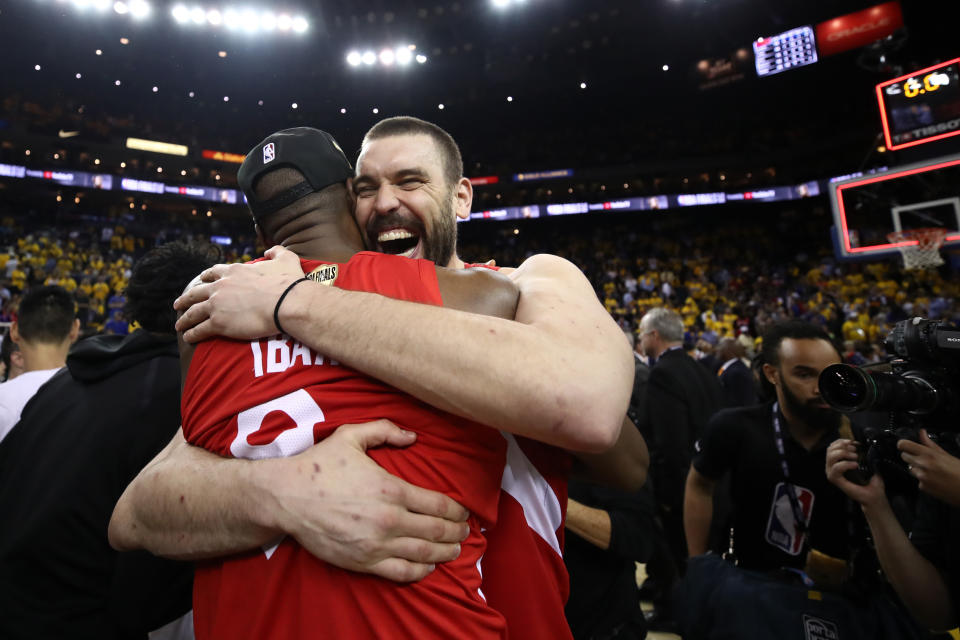 Serge Ibaka #9 and Marc Gasol #33 of the Toronto Raptors celebrates their teams victory over the Golden State Warriors in Game Six to win the 2019 NBA Finals at ORACLE Arena on June 13, 2019 in Oakland, California. (Photo by Ezra Shaw/Getty Images)