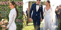 <p>In Jonathan Simkhai for pre-vow photos (left), Monique Lhuillier for the ceremony, shot for <em><a rel="nofollow noopener" href="http://www.marthastewartweddings.com/node/409786/jamie-chung-bryan-greenberg-wedding-photos?socsrc=press" target="_blank" data-ylk="slk:Martha Stewart Weddings;elm:context_link;itc:0;sec:content-canvas" class="link ">Martha Stewart Weddings</a>.</em></p>