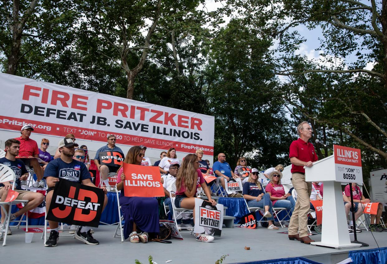 Don Tracy, chairman of the Illinois Republican Party, gives his opening remarks during Republican Day at the Illinois State Fair on the Director’s Lawn at the Illinois State Fairgrounds  on Aug.19, 2021. [Justin L. Fowler/The State Journal-Register]