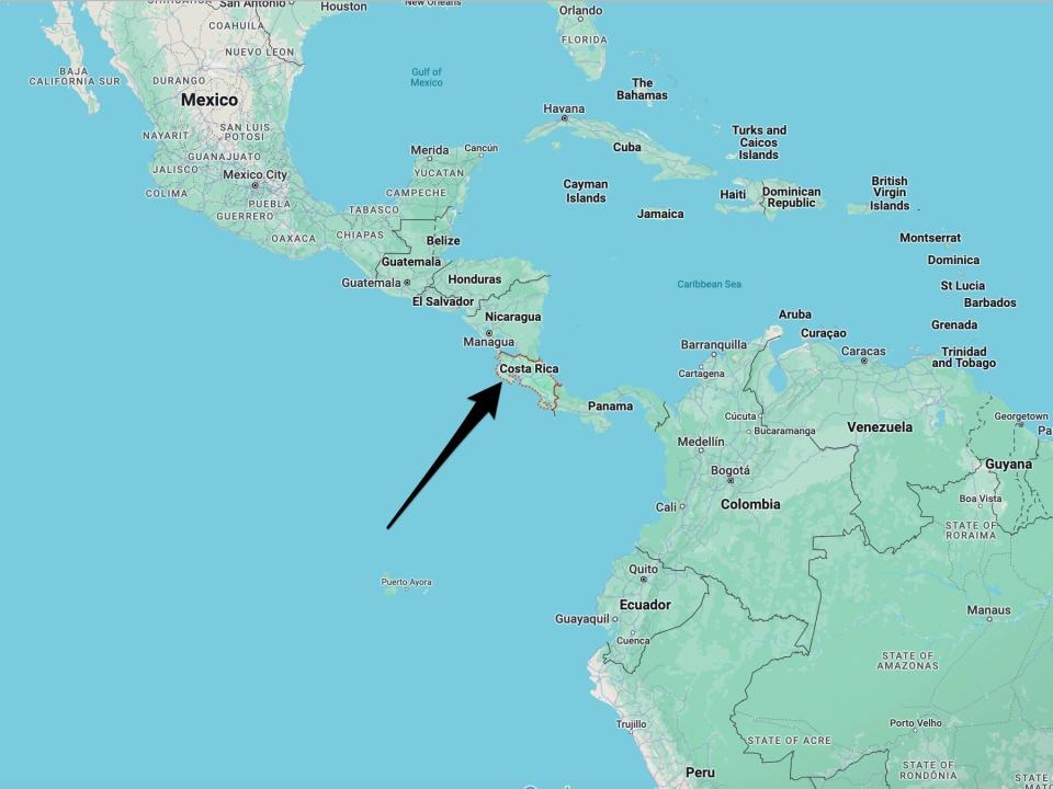 A map of Central America with an arrow pointing to Costa Rica in the middle