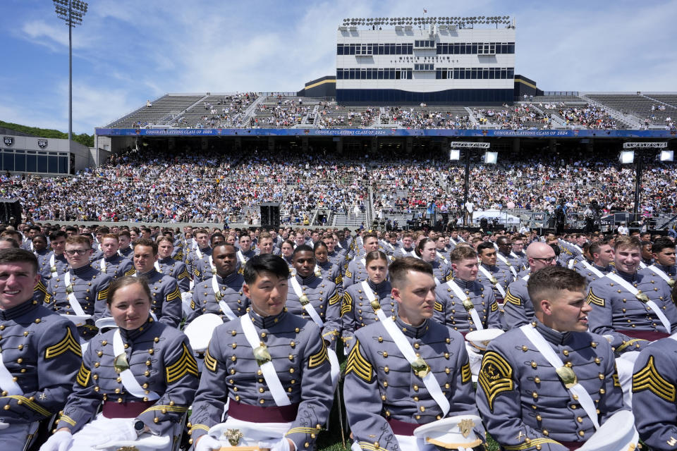 Graduates attend the U.S. Military Academy commencement ceremony, Saturday, May 25, 2024, in West Point, N.Y. (AP Photo/Alex Brandon)