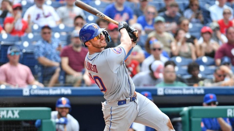 Jun 25, 2023; Philadelphia, Pennsylvania, USA; New York Mets first baseman Pete Alonso (20) hits a home run against the Philadelphia Phillies during the seventh inning at Citizens Bank Park.