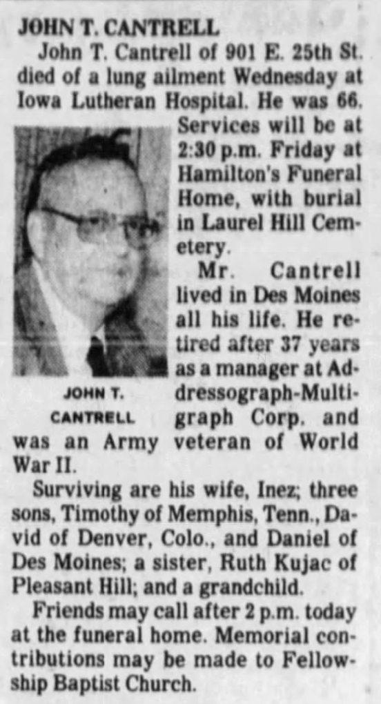 John T. Cantrell's obituary from 1990.