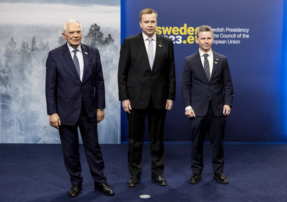 European Union Foreign Minister Josep Borrell Fontelles, left, and Sweden's Defence Minister Pal Jonsson, right, receive Finlands Defence Minister Antti Kaikkoneat the informal meeting of EU defence ministers, outside Stockholm, Sweden Wednesday March 8, 2023. (Christine Olsson/via AP)