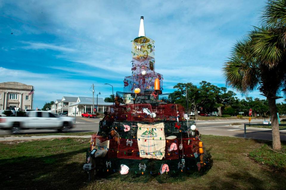 A Christmas tree made out of crab traps and other fishing equipment at the Pass Christian Harbor on Thursday, Nov. 30, 2023.