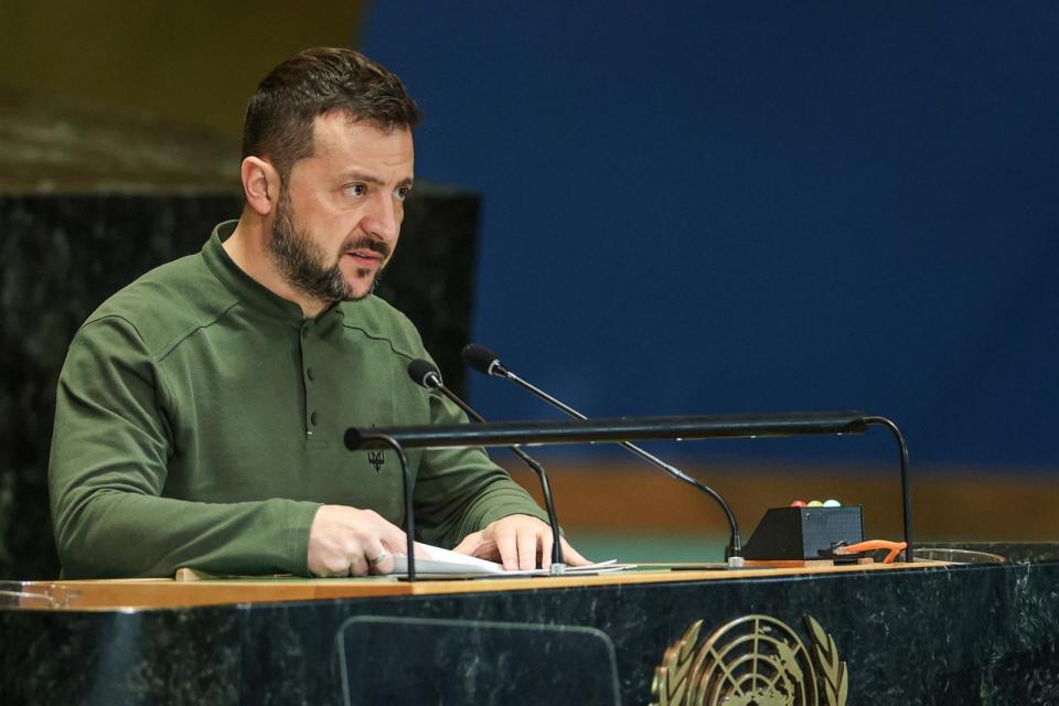 PHOTO: Ukrainian President Volodymyr Zelenskyy addresses the 'Summit of the Future' in the General Assembly Hall of the United Nations Headquarters in New York City on Sept. 23, 2024. (Caitlin Ochs/Reuters)