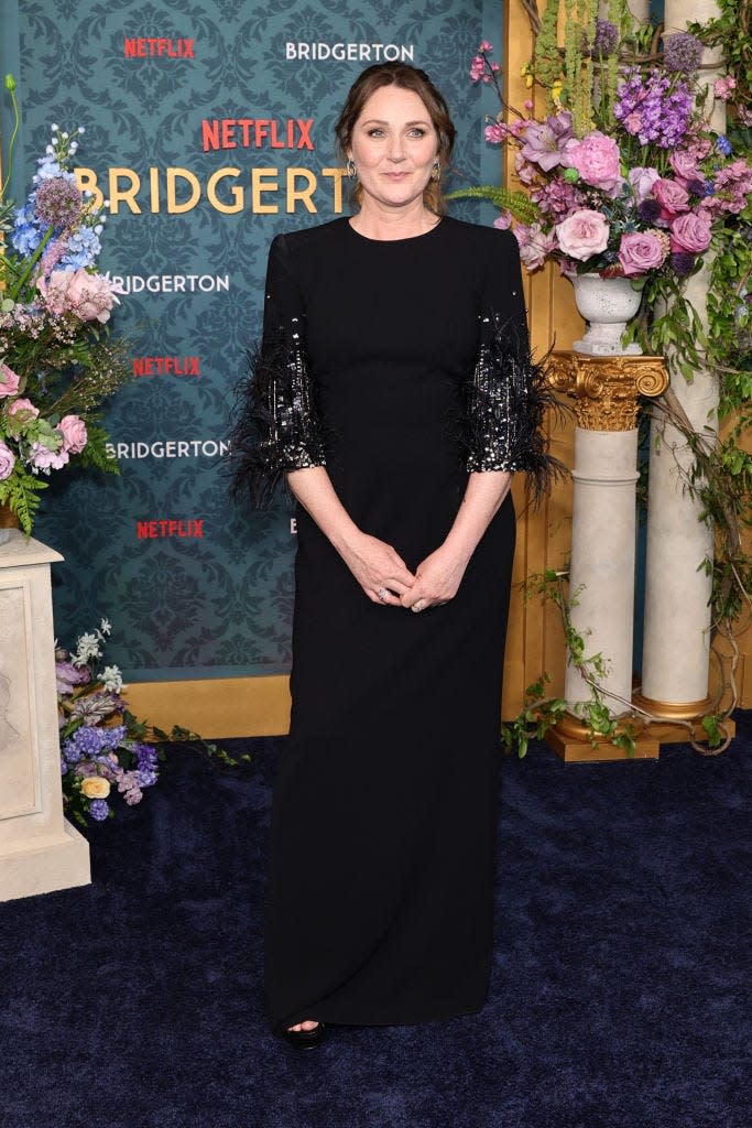 Ruth Gemmell attends the "Bridgerton" season three premiere in May 2024.
