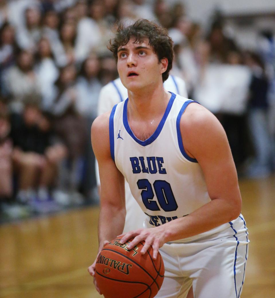 Haldane's Matteo Cervone prepares to take a foul shot during Friday's game versus Beacon on January 27, 2023. Cervone scored his 1000th career point during the game. 