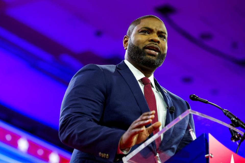 PHOTO: Rep. Byron Donalds (R-FL) speaks at the Conservative Political Action Conference (CPAC) annual meeting in National Harbor, Md.,Feb. 22, 2024.  (Amanda Andrade-Rhoades/Reuters)