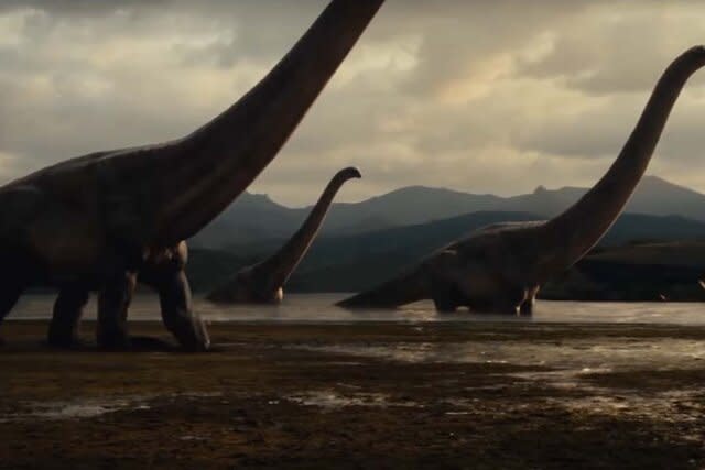 Several Dreadnoughtus walk across the land in Jurassic World: Dominion (2022)