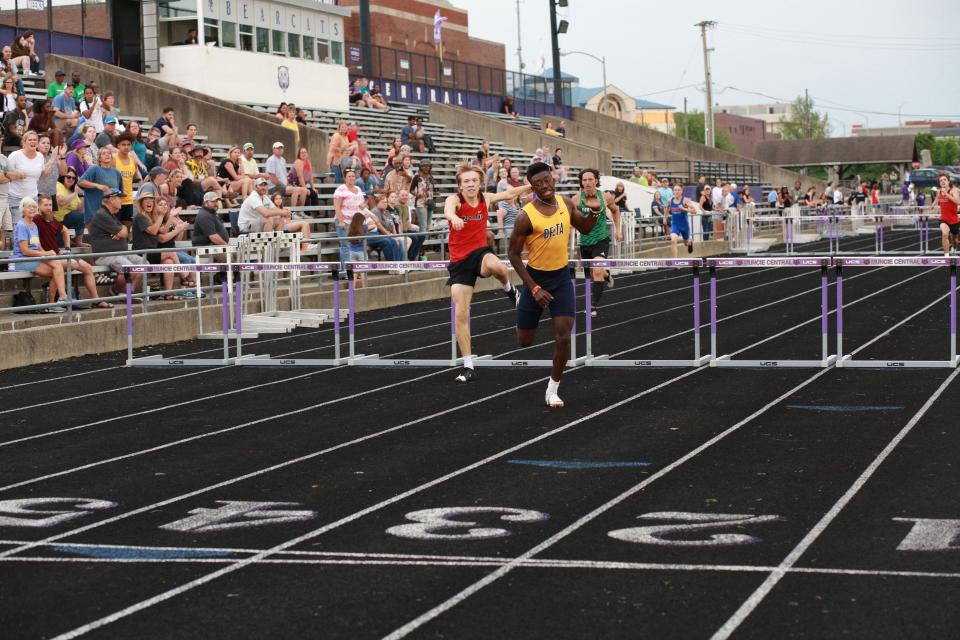 Delta senior John Chimbanda narrowly won the 300m hurdles at the Muncie Central boys track and field sectional on Thursday, May 19, 2022.