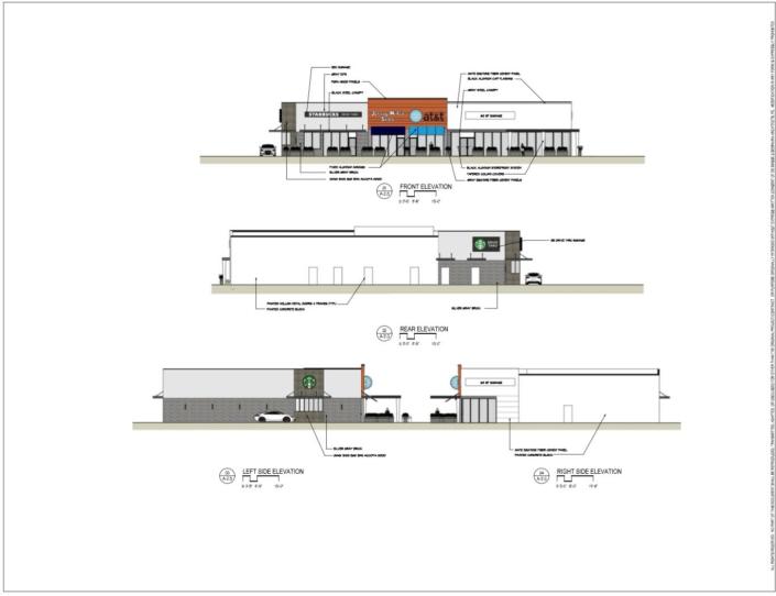 A drawing of retail building, with a Starbucks Cafe and Jersey Mike&#39;s Subs to be built in Whiting.