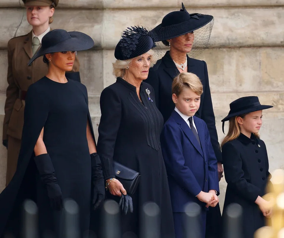 From left: The Duchess of Sussex, the Queen Consort, Prince George, the Princess of Wales, Princess Charlotte and the Countess of Wessex leaving the State Funeral of Queen Elizabeth II, held at Westminster Abbey, London. Picture date: Monday September 19, 2022.
