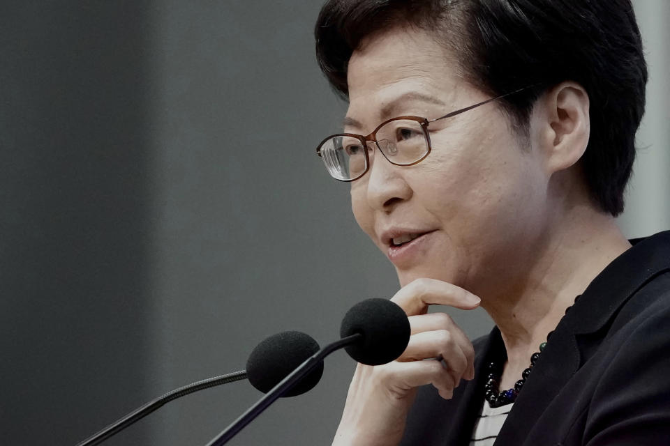 Hong Kong Chief Executive Carrie Lam speaks during her weekly press conference in Hong Kong, Tuesday, June 22, 2021. Lam said that foreign governments are “beautifying” acts that endanger national security in their criticisms of the police crackdown on pro-democracy newspaper Apple Daily, days after five were arrested and assets linked to the newspaper frozen. (AP Photo/Kin Cheung)