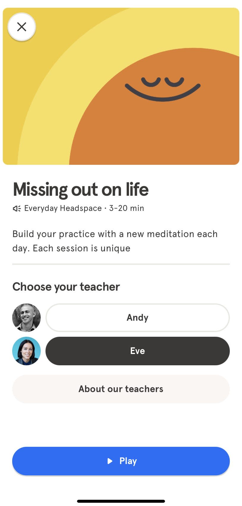 a meditation called "Missing Out on Life" in a screenshot of the meditation app Headspace