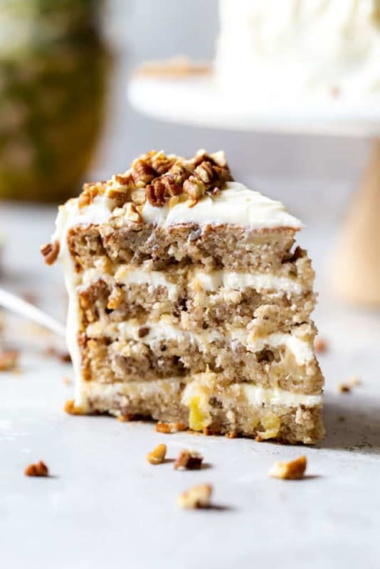 <p>Grandbaby Cakes</p><p>This Southern Hummingbird Cake recipe is a deliciously moist cake filled with ripe banana, perfectly sweet pineapple and chopped pecans that’s topped with an irresistibly rich cream cheese frosting! It tastes almost tropical!</p><p><strong>Get the recipe: <a href="https://grandbaby-cakes.com/hummingbird-cake-recipe/" rel="nofollow noopener" target="_blank" data-ylk="slk:Hummingbird Cake;elm:context_link;itc:0;sec:content-canvas" class="link ">Hummingbird Cake</a></strong></p>