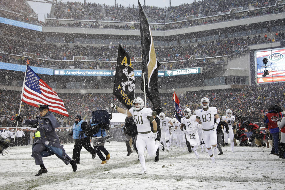 Army takes the field before the first half of an NCAA college football game against the Navy, Saturday, Dec. 9, 2017, in Philadelphia. (AP Photo/Matt Rourke)