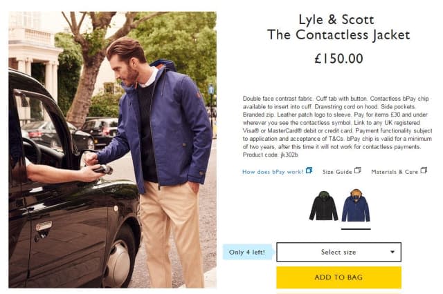 Contactless payment jacket invented by British brand