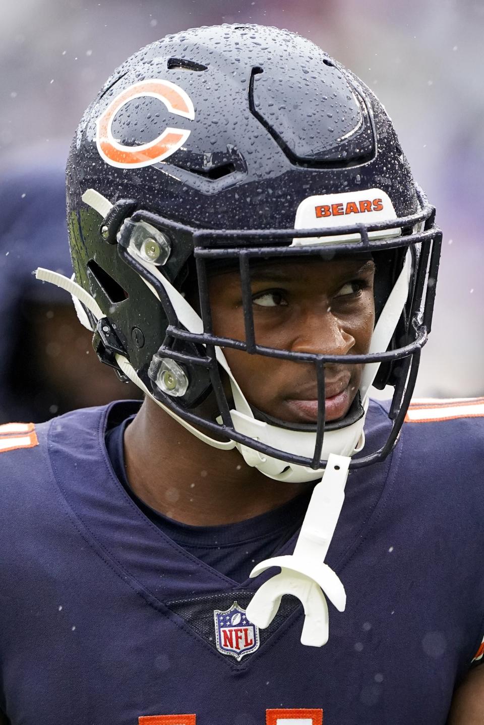 Chicago Bears' Darnell Mooney reacts during the first half of an NFL football game against the San Francisco 49ers Sunday, Sept. 11, 2022, in Chicago. (AP Photo/Nam Y. Huh)