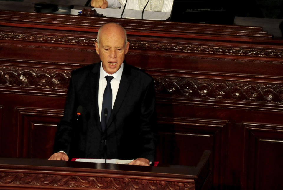 Newly elected Tunisian President Kais Saied speaks during his swearing in ceremony, in Tunis, Wednesday Oct.23, 2019. Tunisians elected former law professor Kais Saied as president earlier this month to replace President Beji Caid Essebsi, who died in July. (AP Photo/Hassene Dridi)