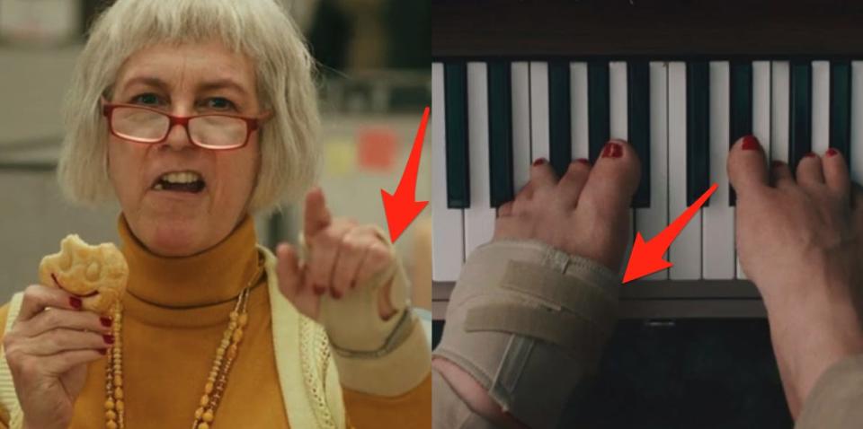 arrow pointing to evelyn's wrist brace next to photo of evelyn in foot universe with arrow pointing to her ankle brace