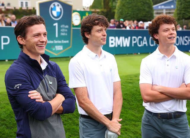 <p>Andrew Redington/Getty</p> Tom Holland, Sam Holland and Harry Holland during the Pro-Am prior to the BMW PGA Championship
