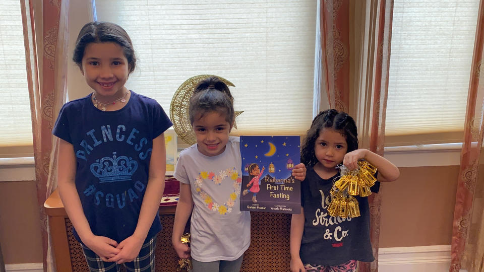 Emily, Leena and Elaina Mejahed decorating their home in preparation for the Holy month of Ramadan, on April 22, 2020. | Courtesy of Sherihan Moustafa