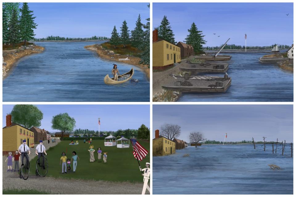 An artist rendering shows the same spot of land throughout more than 400 years of time. From when it was a fishing spot of indigenous tribes, to when it was Puddle Dock, to when it became a thriving community, to 100 years into the future. If nothing is done to prevent the worsening flood conditions, the entire area will be underwater.