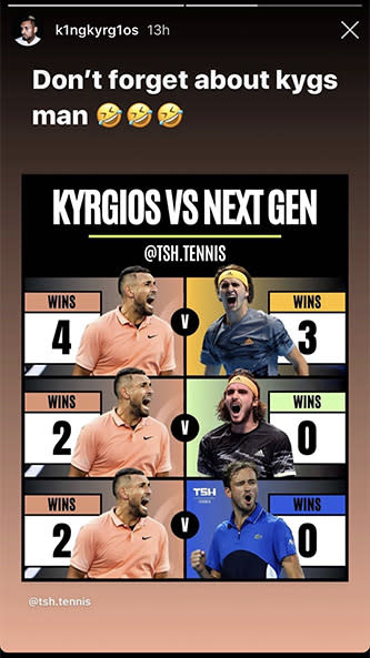 Nick Kyrgios posted this on his Instagram story and took a dig at his Next Gen rivals.