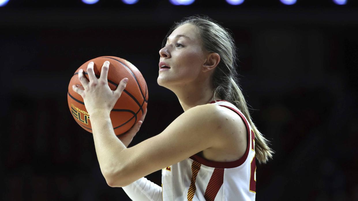 Iowa State's Ashley Joens during an NCAA basketball game against Southern on Thursday, Nov. 10, 2022, in Ames, Iowa. (AP Photo/Justin Hayworth)