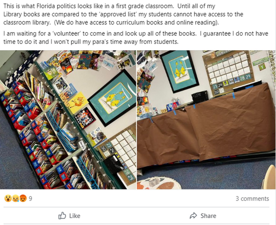 A Manatee County teacher posted these photos on Facebook of paper covering her classroom library.