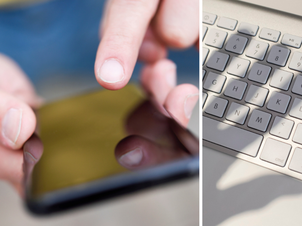 A split image of someone using a smart phone and a shadow of a hand hovering over a keyboard